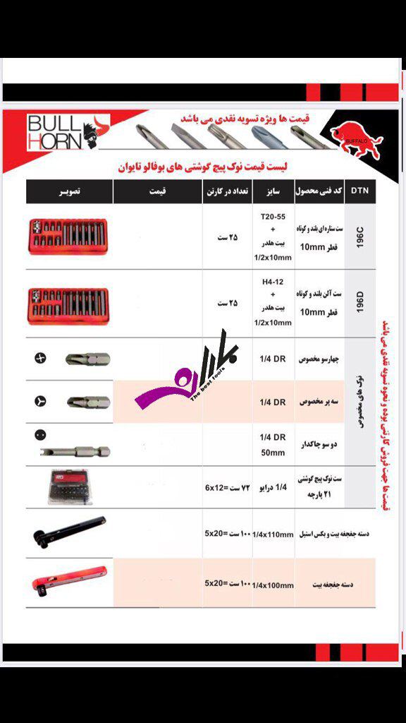 لیست موجودی نوک پیچ گوشتی های بوفال
