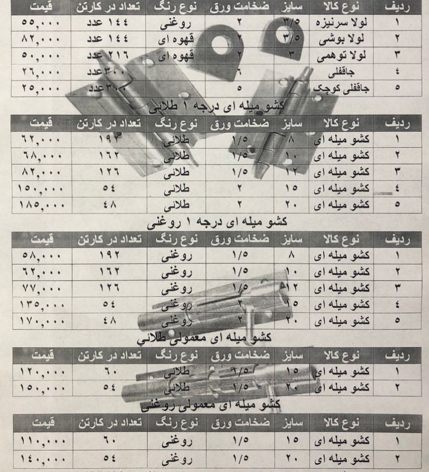 لیست قیمت جاقفلی کشو میله ایلول
