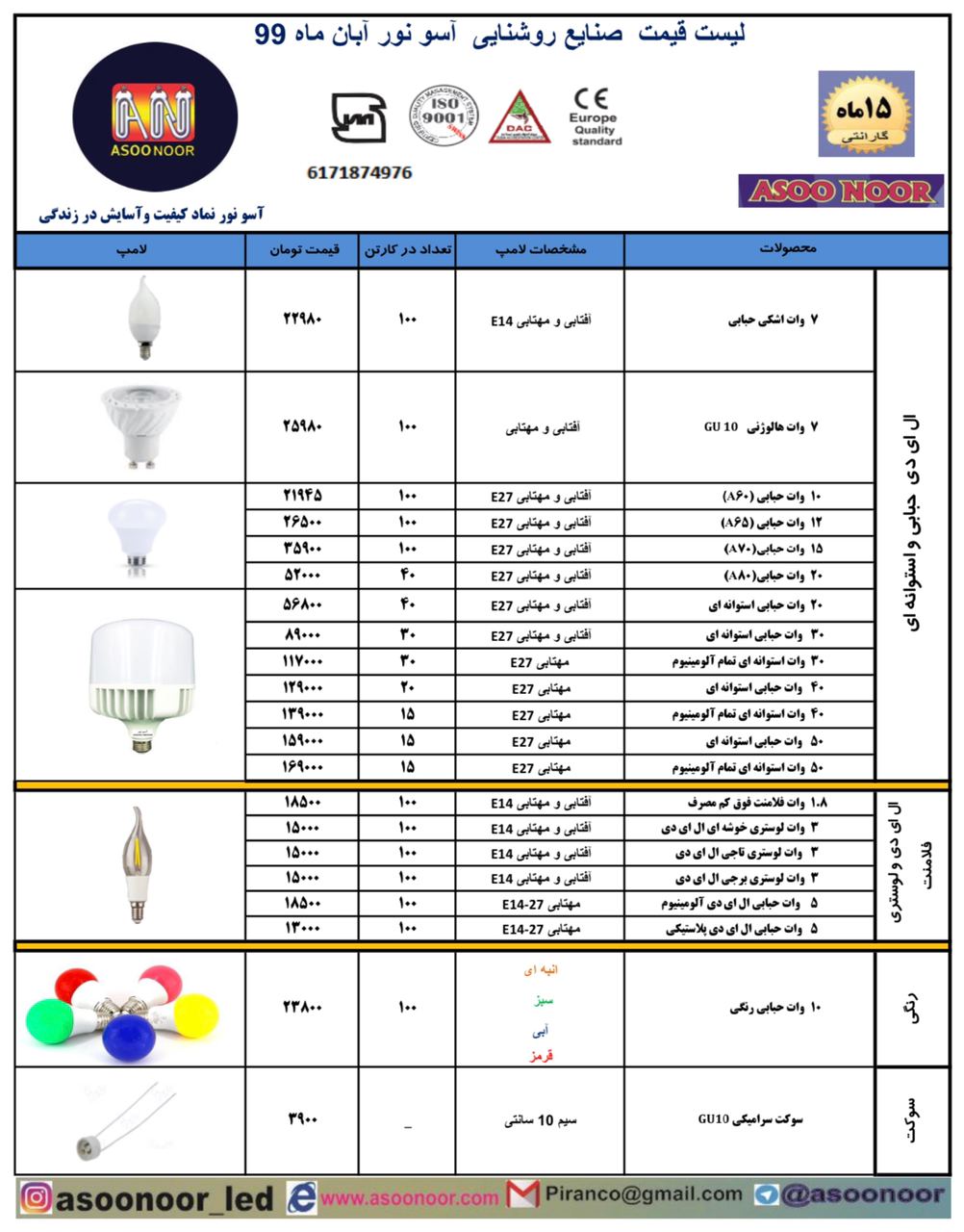 لیست قیمت لامپ های LED آسونور (آبان