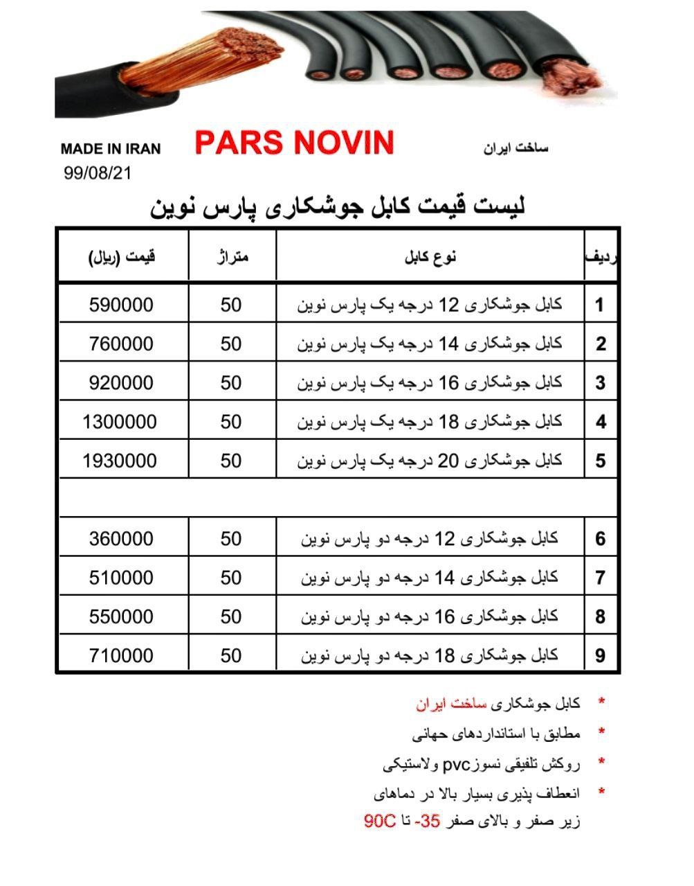  لیست قیمت کابل پارس? 