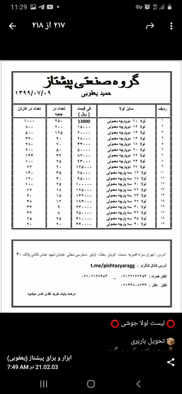  لیست لولا جوشی تحویل باربریدرص