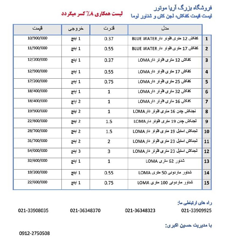 لیست قیمت کفکش ، لجن کش و شناور لوم