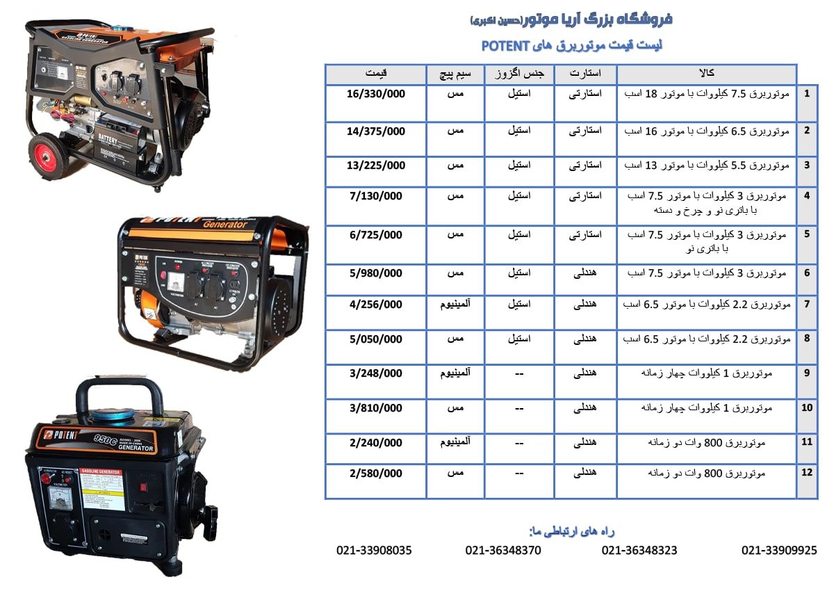 لیست قیمت موتوربرق های POTENT در قد