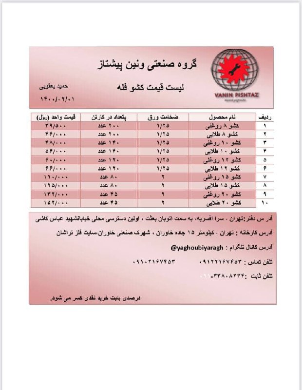  لیست قیمت انواع کشو فله تح