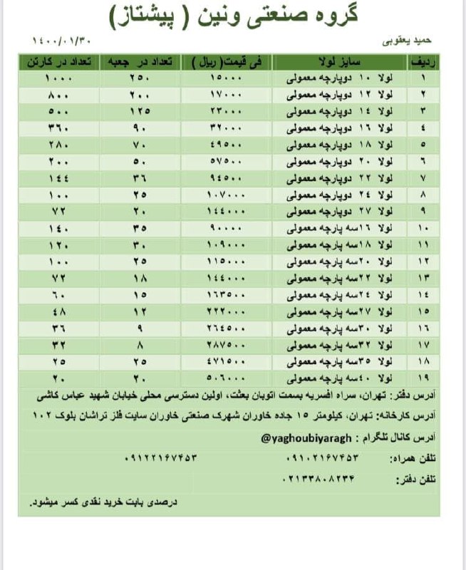  لیست قیمت لولا جوشی درصد نق