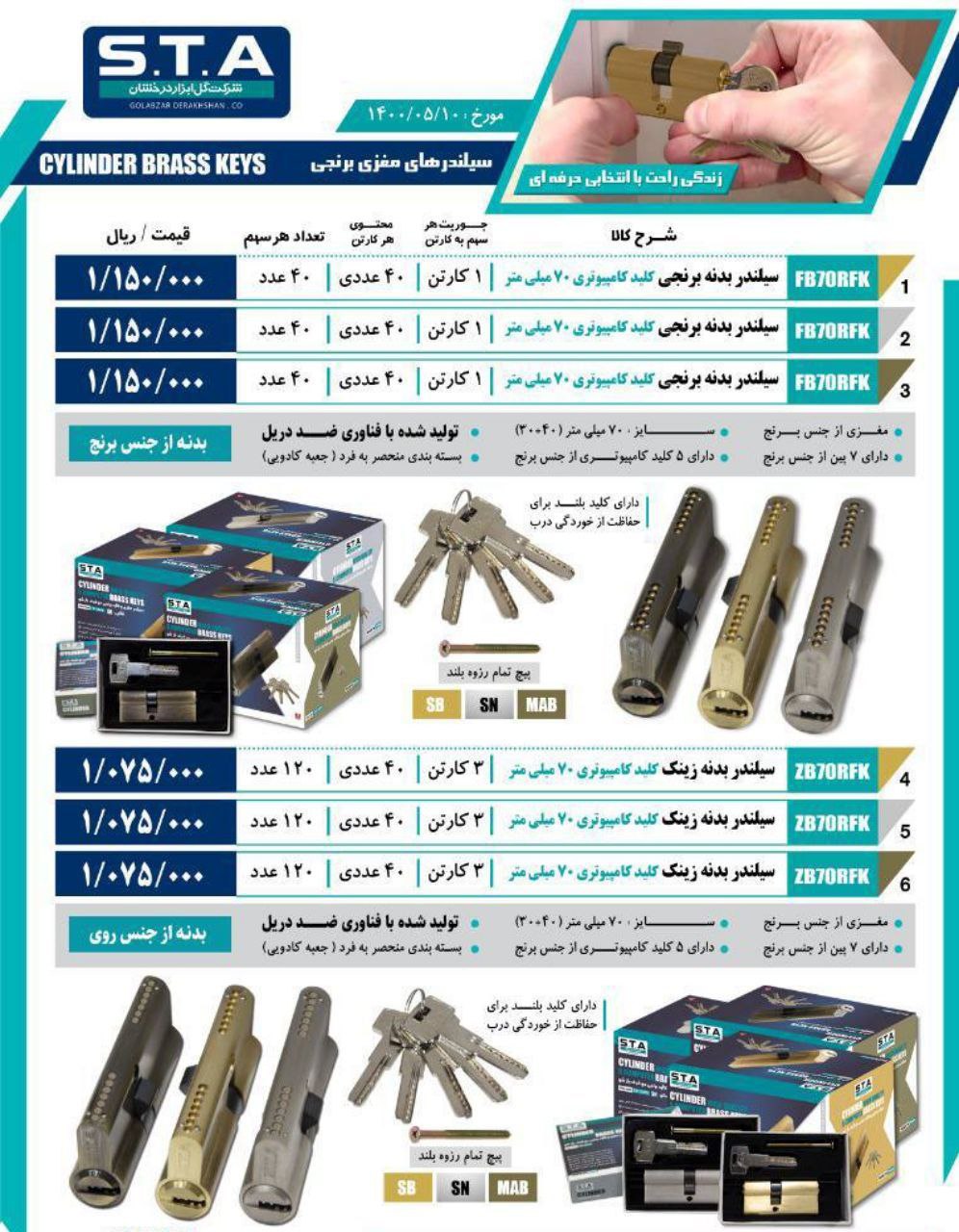 لیست قیمت سیلندر بدنه برنجی و زینک 