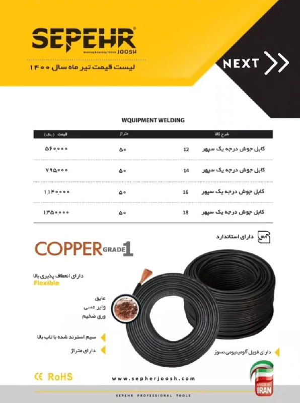 لیست قیمت کابل جوشکاری سپهربا درصد