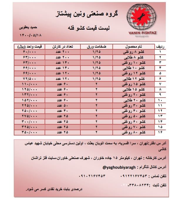 لیست قیمت کشو فله روغنی و طلایید