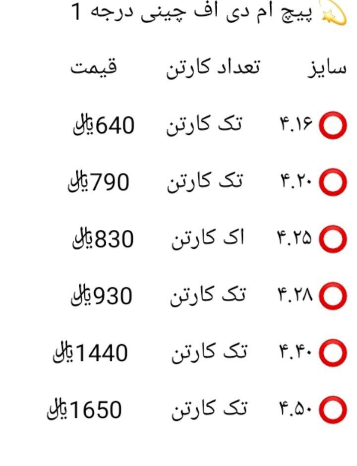 لیست قیمت پیچ ام دی اف چینی درجه 1