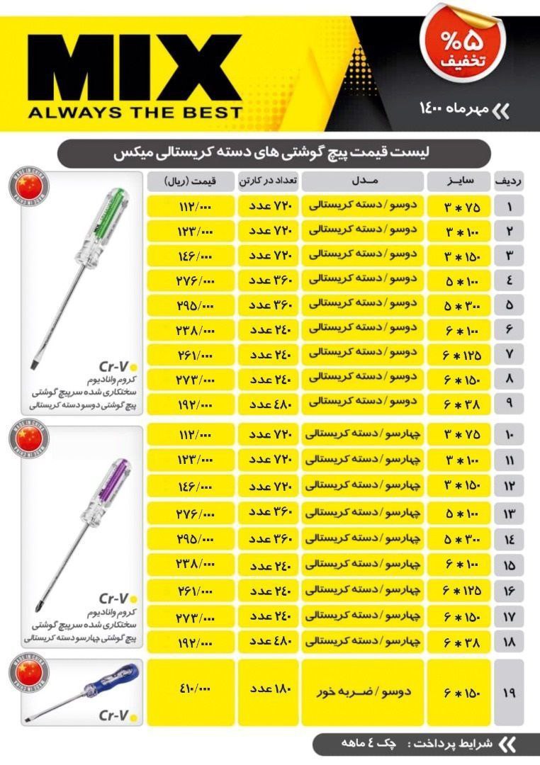 پیچگوشتی های میکس موجودمیباشد ۰۲۱۶۶