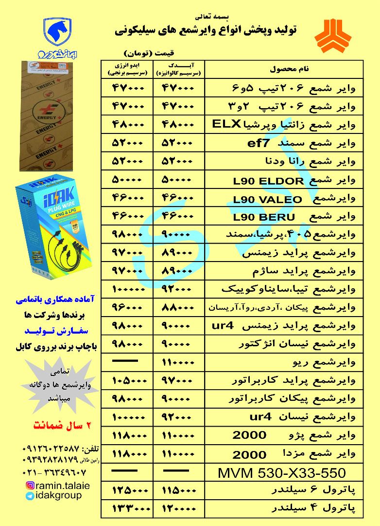 لیست وایر شمع های آیدک و انرژی0912