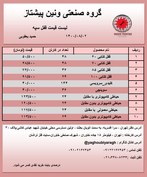  لیست قیمت قفل های سپهقیمت : مطاب