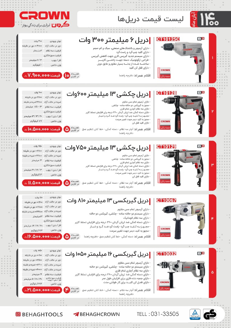 لیست قیمت دریل کرون / آبان 1400