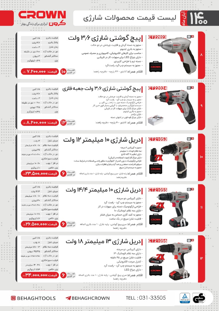 لیست قیمت محصولات شارژی کرون / آبان