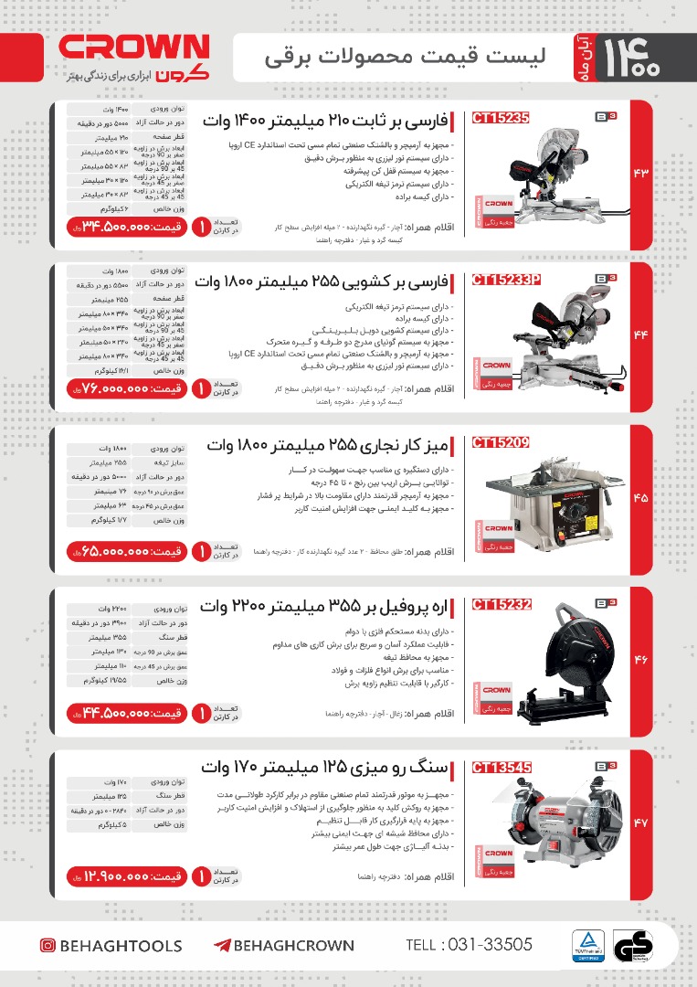 قیمت محصولات برقی کرون/آبان 1400