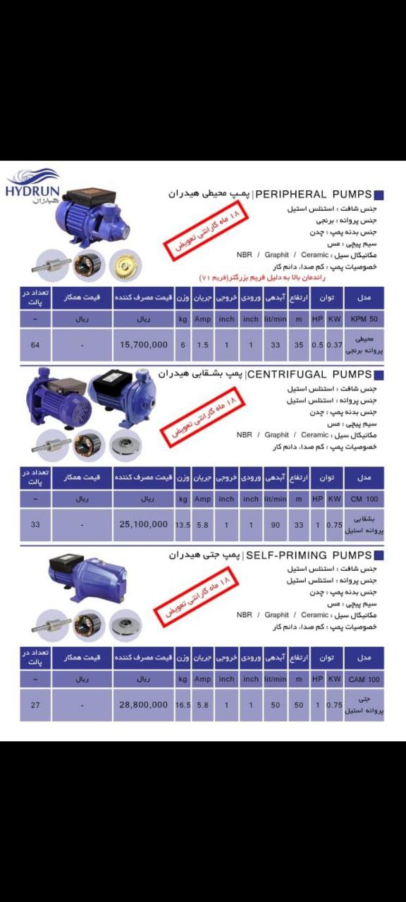 پمپ های آب هیدرانکیفیت عالی قیمت م