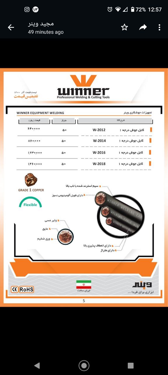 کابل جوش درجه یک وینر مشخصات داخل 