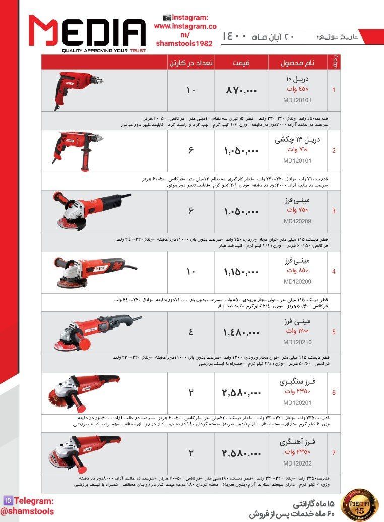 لیست قیمت ابزار برقی مدیا15ماه گار