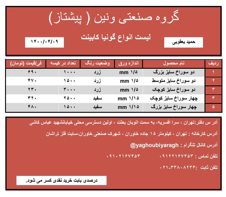  لیست قیمت گونیا کابینت در سایز ه