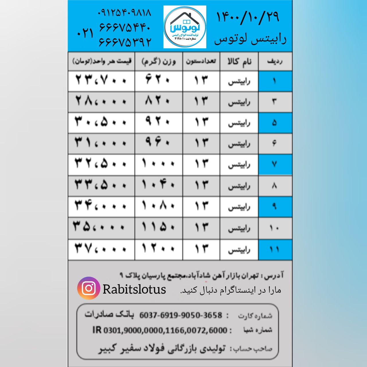 لیست قیمت رابیتس لوتوس۱۴۰۰/۱۰/۲۸ ت