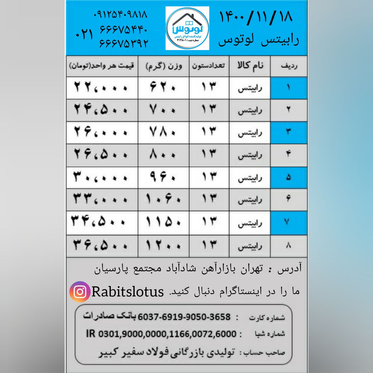 لیست قیمت رابیتس لوتوس ۱۴۰۰/۱۱/۱۸ت