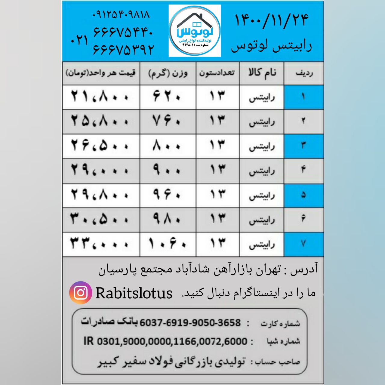 لیست قیمت رابیتس لوتوس ۱۴۰۰/۱۱/۲۴ت