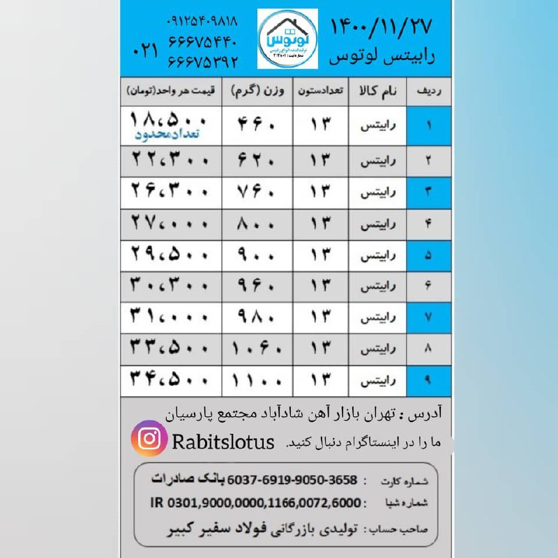 لیست قیمت رابیتس لوتوس ۱۴۰۰/۱۱/۲۷ت