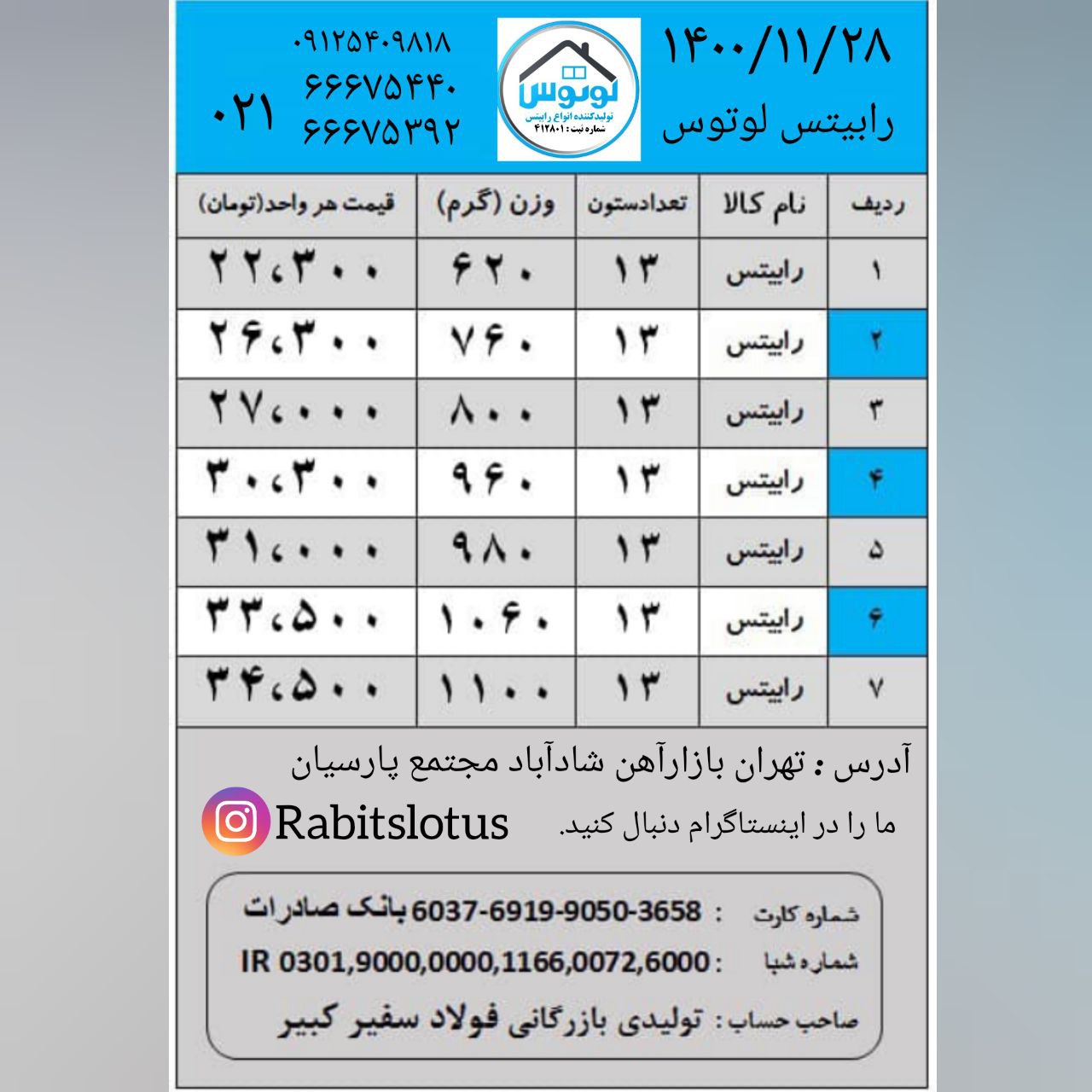 لیست قیمت رابیتس لوتوس ۱۴۰۰/۱۱/۲۸ت