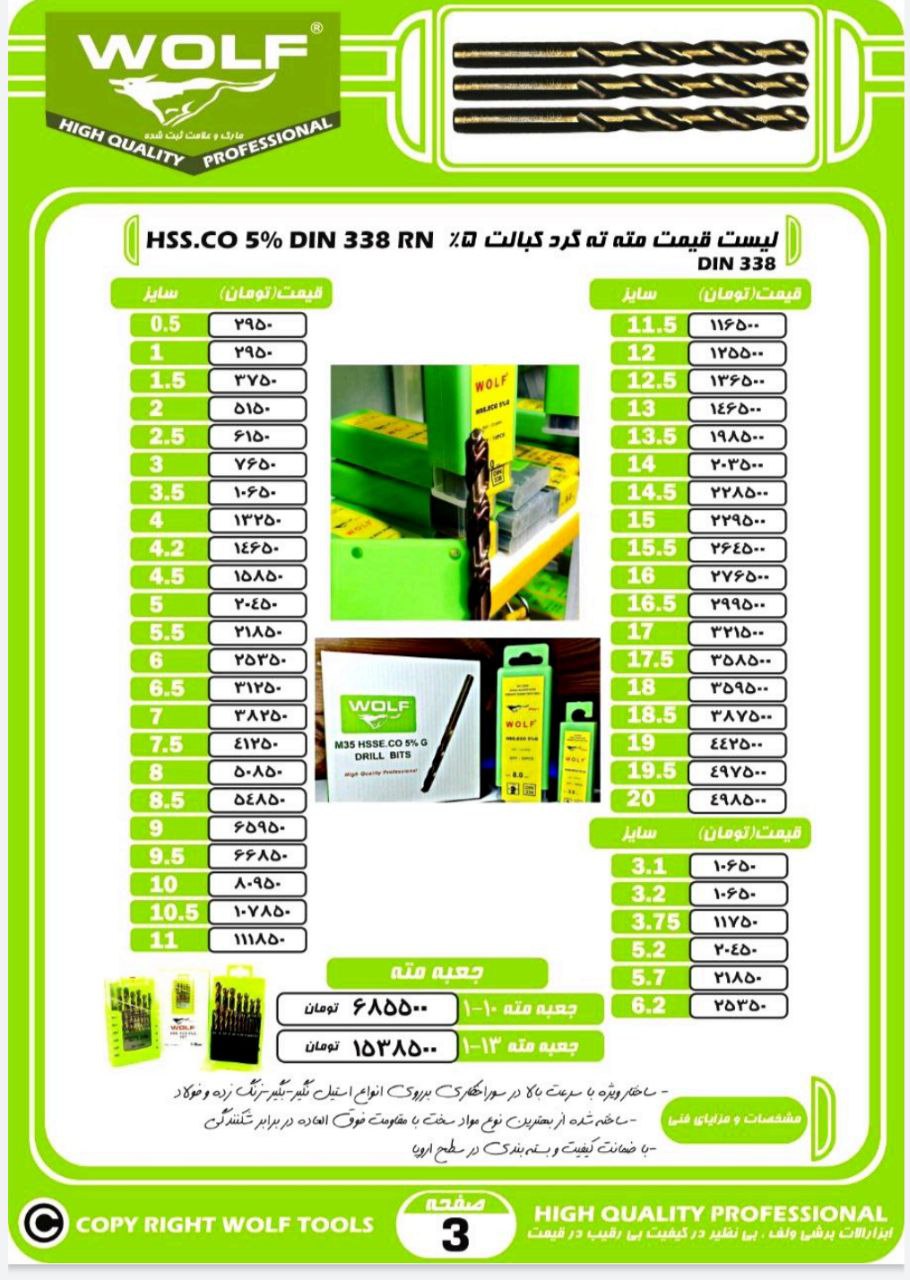 لیست قیمت مته های آهن کبالت دار 5 د