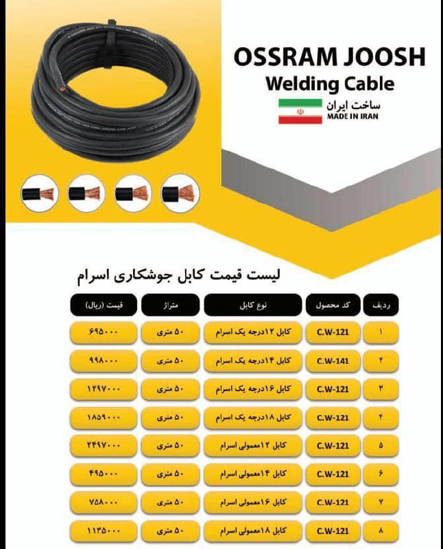 لیست کابل جوش اُسراممناسب برای هم