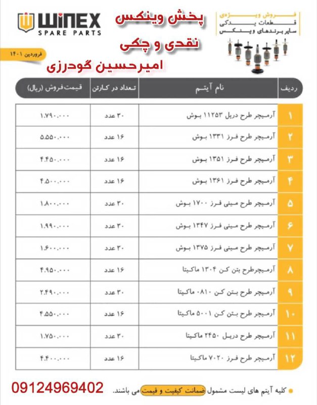 لیست وینکسفروش به صورت نقد و چکبا