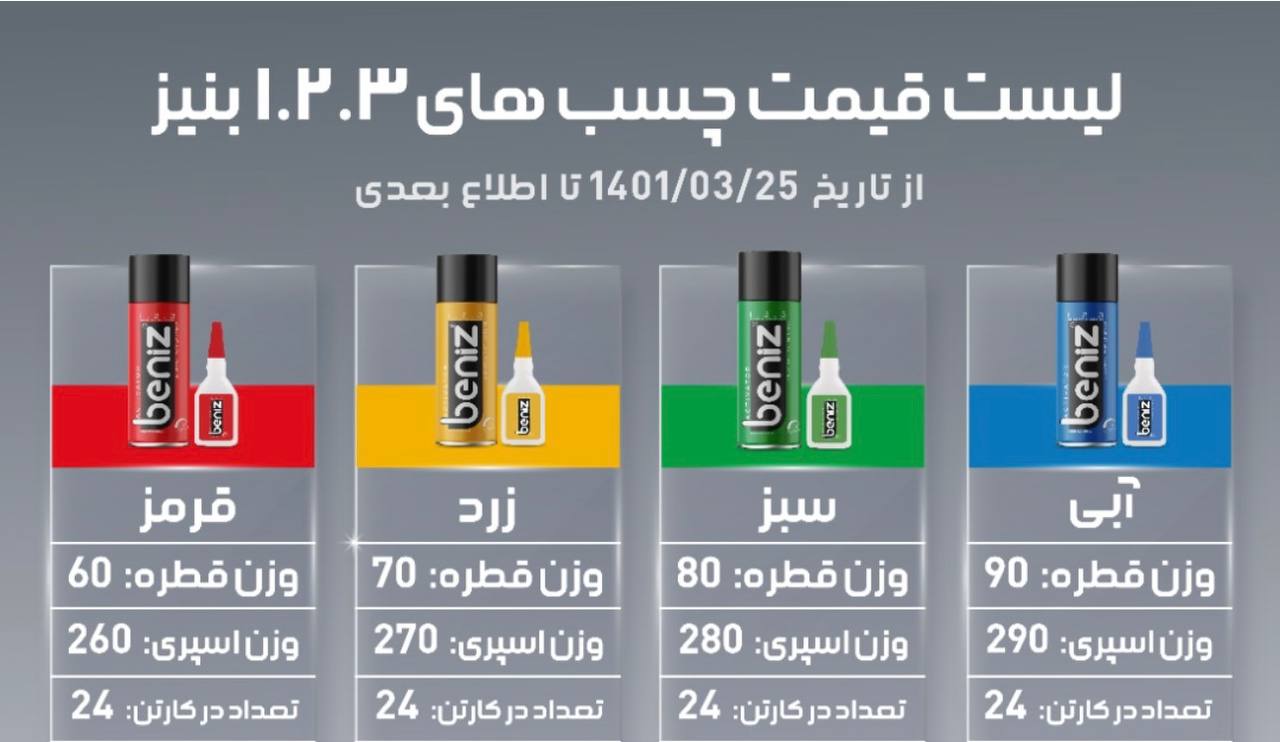 چسب ۱۲۳بنیز در وزن و رنگ های مختلف 