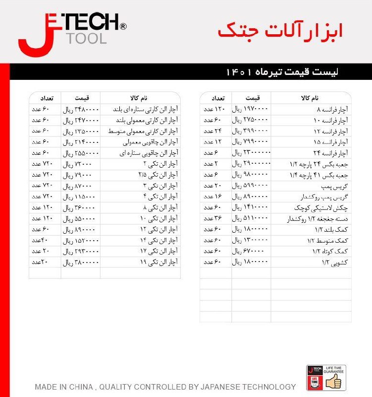  لیست قیمت ابزار آلات جتک Jetech 