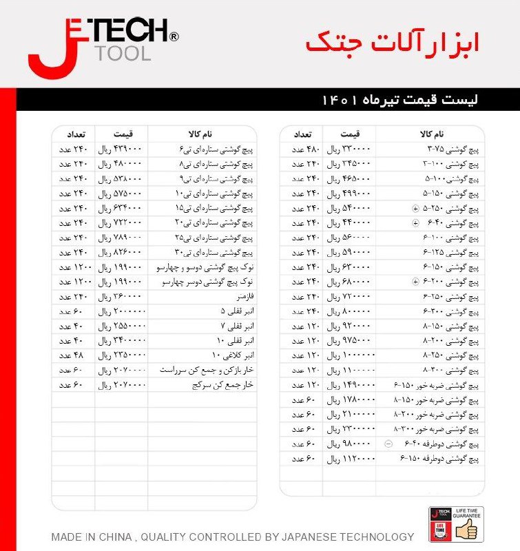  لیست قیمت ابزار آلات جتک Jetech 