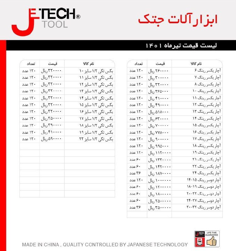  لیست قیمت ابزار آلات جتک Jetech 