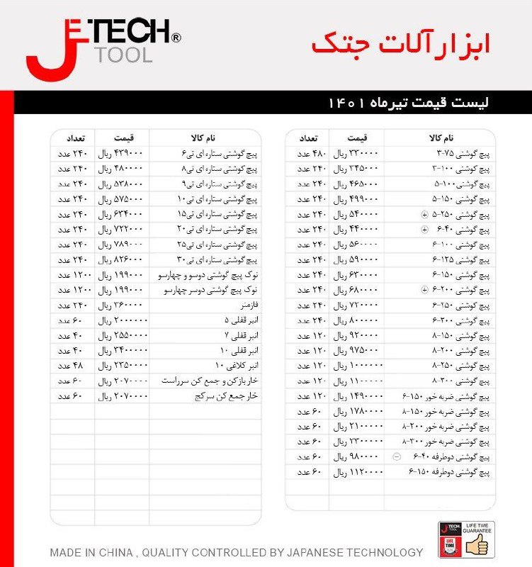  لیست قیمت ابزار آلات جتک Jetech 