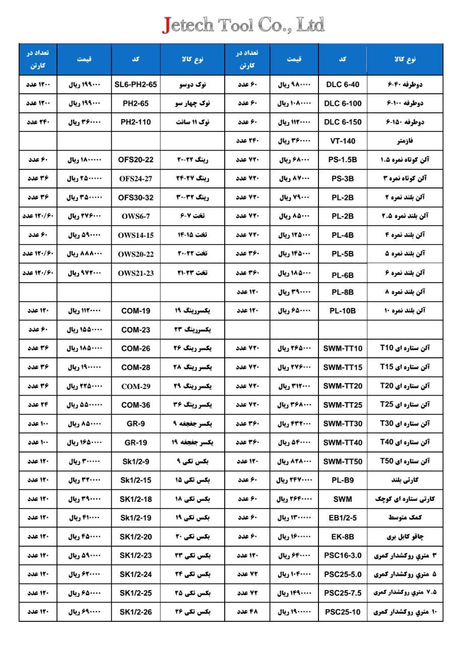 لیست جدید ابزار آلات جتک Jetech پ