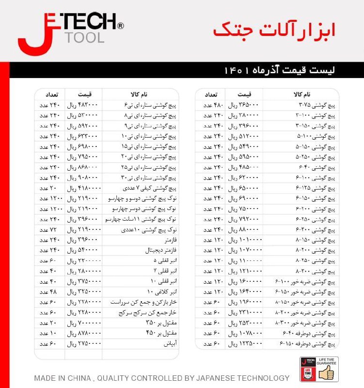 لیست قیمت جدید محصولات جتکJetech 