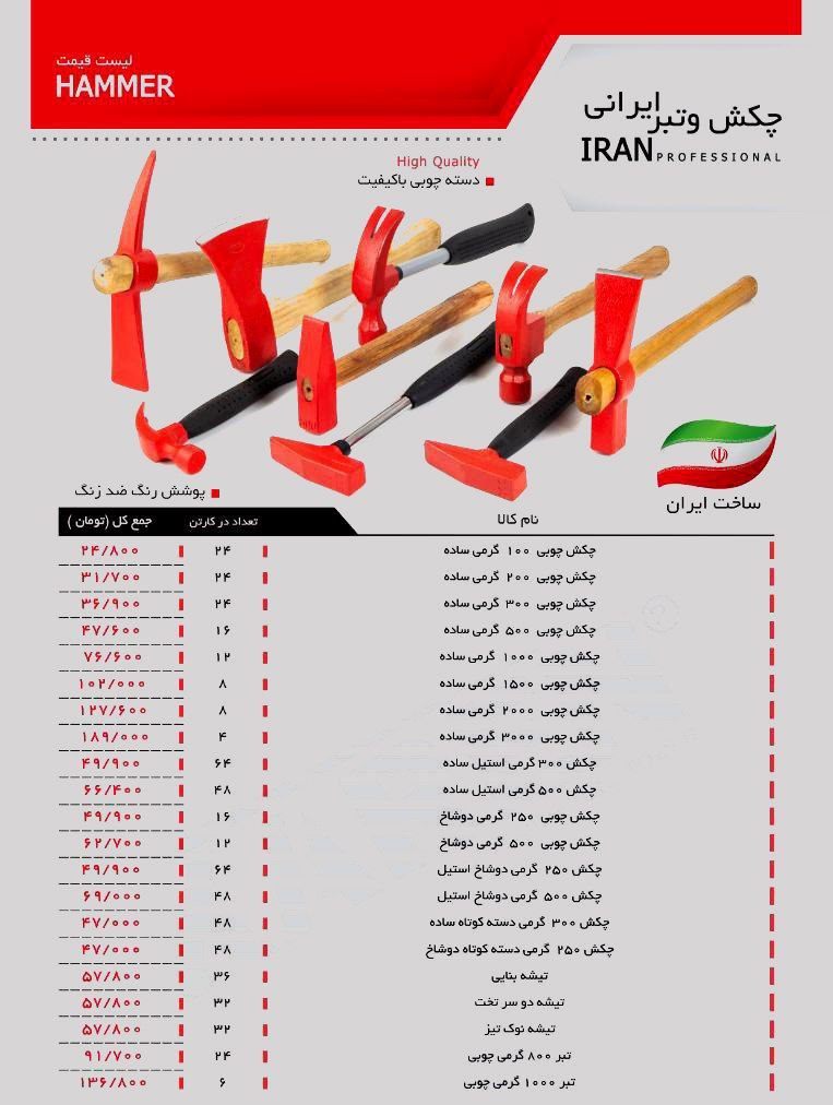 لیست قیمت انواع چکش و تیشه و تبر ای