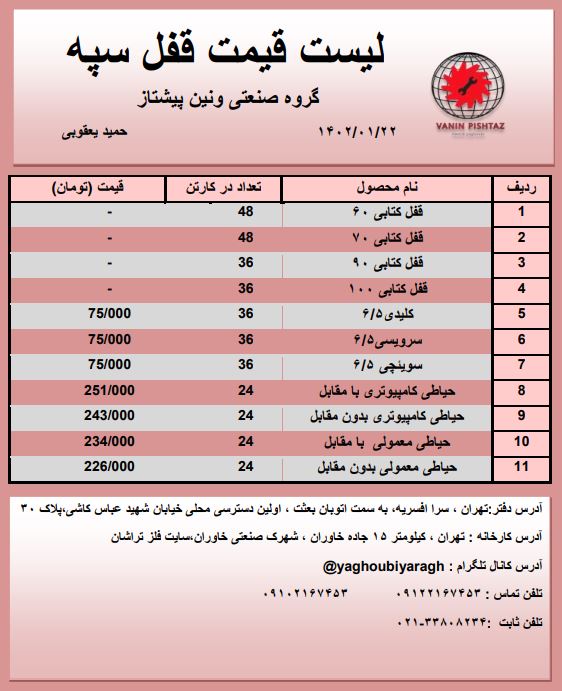 لیست قیمت قفل سپه
