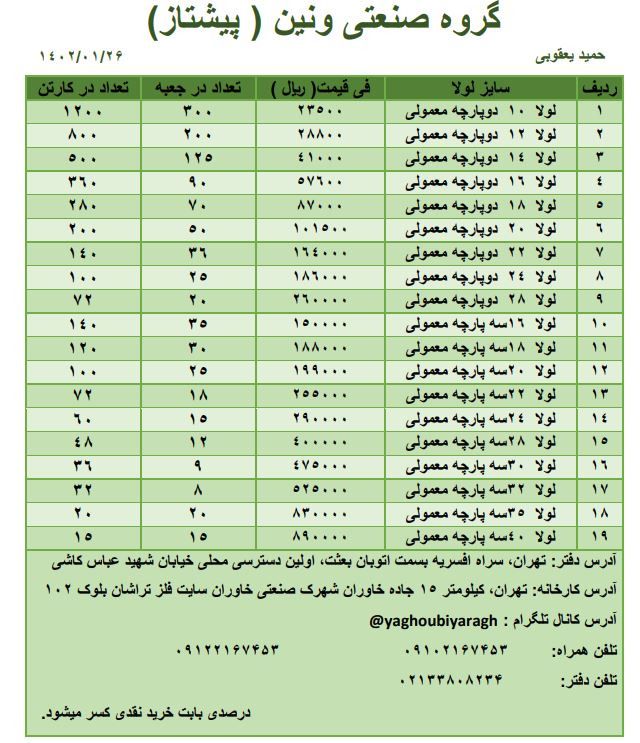 لیست قیمت لولا جوشی