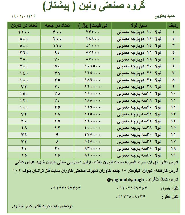 لیست قیمت لولا جوشی