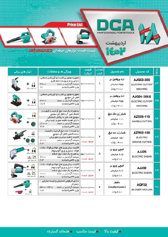 لیست محصولات دی سی ای 