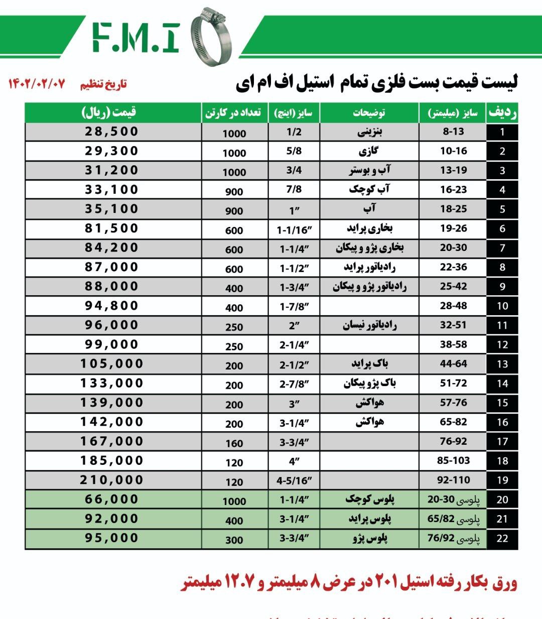 لیست قیمت بست شلنگ مارک آف ام آی استیل