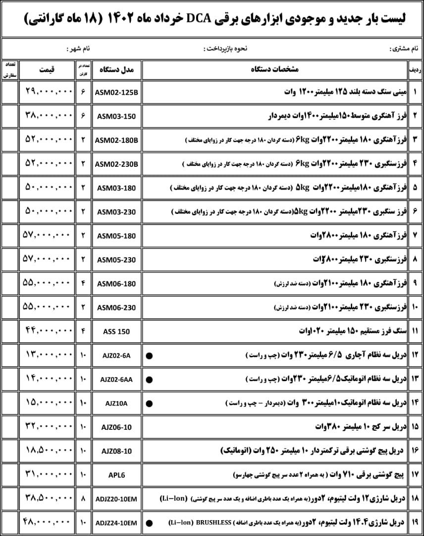 لیست موجودی دی سی ای