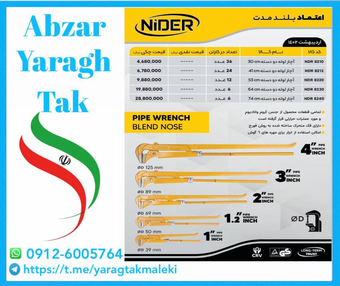 آچار دودسته ۱/۵ و ۲ و ۳ و ۴ اینچ مدیر با کیفیت عالی به قیمت عمده موجود شد و آماده توزیع میباشد 