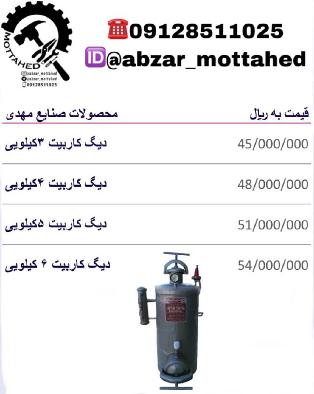 لیست قیمت دیگ کاربیت صنایع مهدی