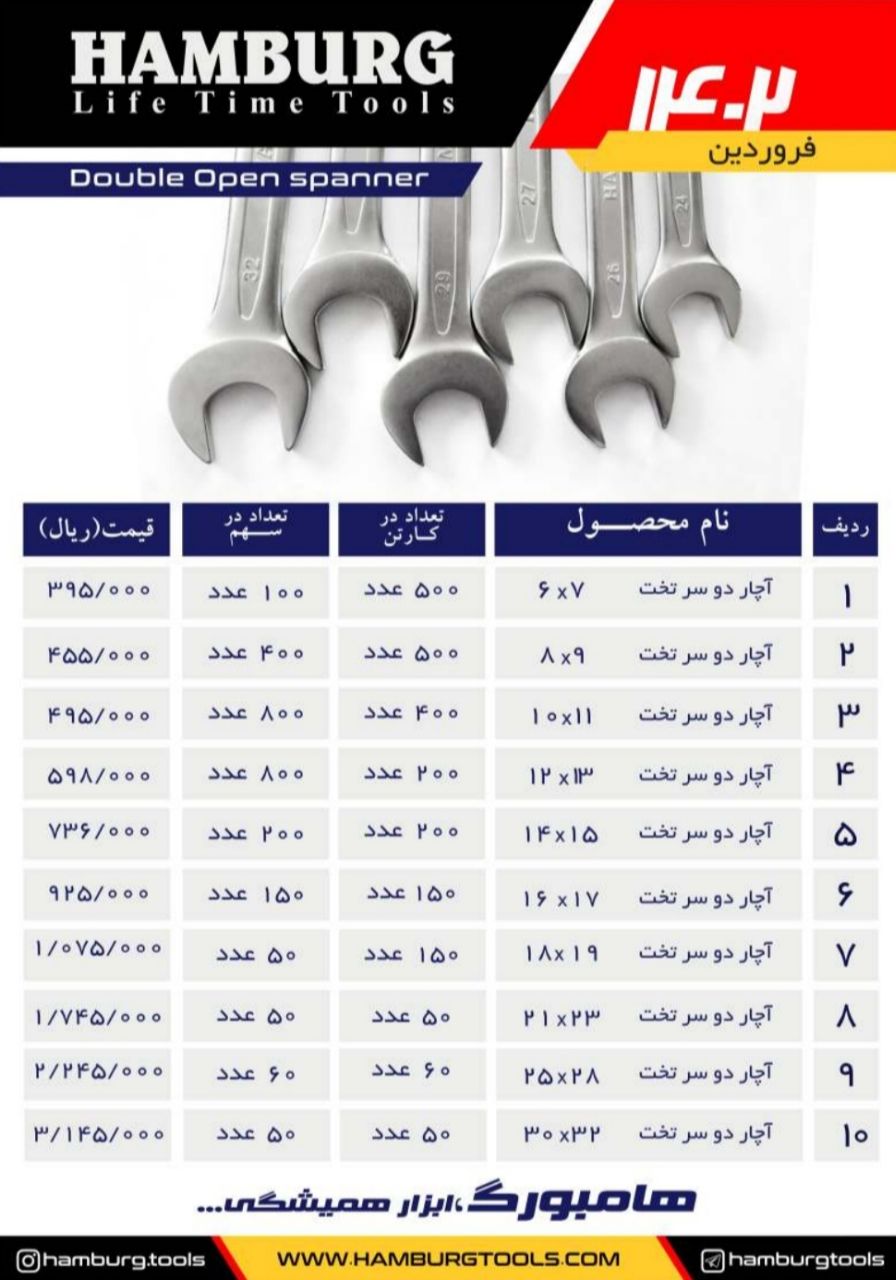 آچار دو سرتخت هامبورگ HAMBURG پخش و فروش مستقیم % درصد تخفیف همکاری و نقدی خانم کمالی: 09203160331 د