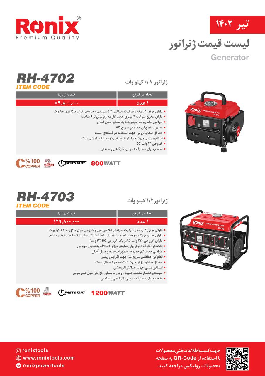 لیست قیمت تیر ماه ۱۴۰2 رونیکس 