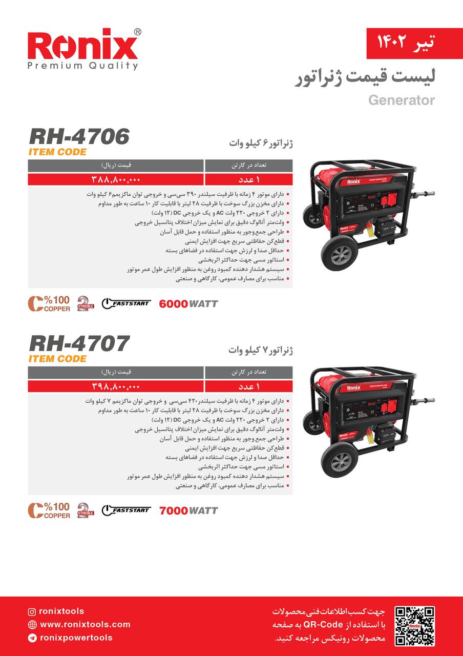 لیست قیمت تیر ماه ۱۴۰2 رونیکس 